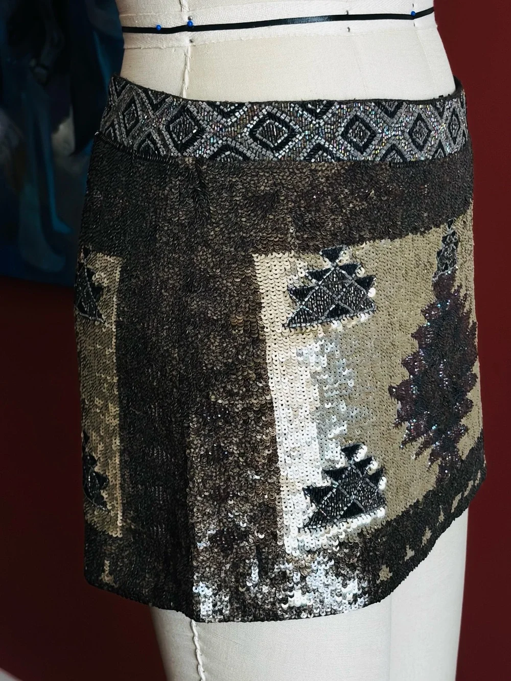 All Saints Spitalfields Beaded & Sequin Geometric Mini Skirt - Black & Silver